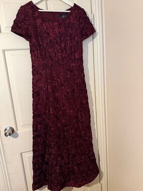 Alex Evenings Burgundy Embroidered Floral Long Sleeve Evening Gown